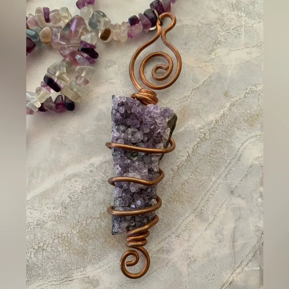 Artisan Amethyst Geode Copper Wire Wrapped Pendant Crystal Necklace - Picture 9 of 10